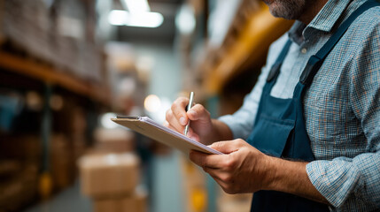 Warehouse worker conducting inventory analysis shipment examination stock audit process logistics verification supply chain assessment inventory control review defocused ware