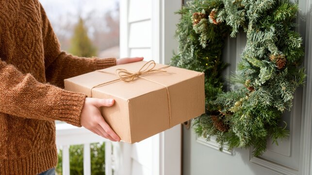 Hands place a package on a porch beside a warm Christmas wreath during the holiday season