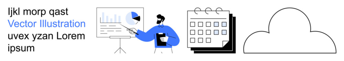 Naklejka na ściany i meble Business strategy, data analysis, cloud storage, planning, presentations, digital organization. A person presenting data, a calendar and a cloud icon. Business strategy and data analysis