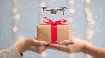 Hands reach up to take holiday parcel from small drone in snowy setting with glowing lights around