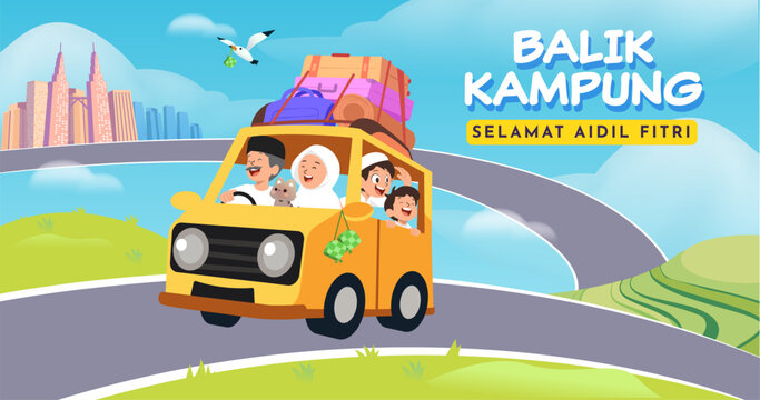 Family Road Trip Mudik 2026 Illustration with Car Loaded with Luggage and Happy Travelers on Highway. Translation : Home Coming for Eid al Fitr Celebration. 