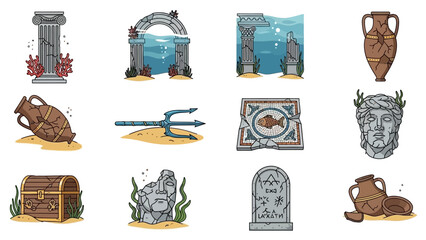 Cartoon collection of ruins and artifacts of a submerged lost city under the sea