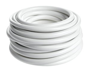 Coiled white plastic hose pipe rolled into stack for plumbing or construction use on isolated background