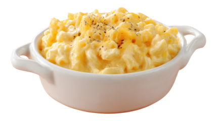 Pot of creamy macaroni and cheese isolated on a white background