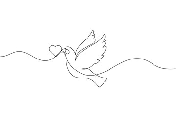 Minimalist continuous line art flying dove with heart concept