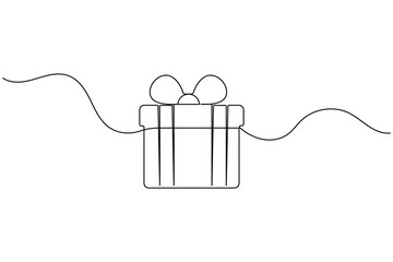 Continuous line drawing of a gift box with a ribbon bow on white