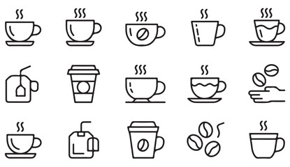 Fototapeta premium Thin-line illustration pack of hot beverages such as coffee mugs, steeped tea, espresso symbols, and serving actions.