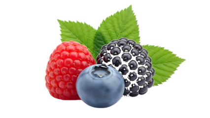 Assortment of Fresh Berries with Green Leaves on White Background graphic isolated on a transparent background