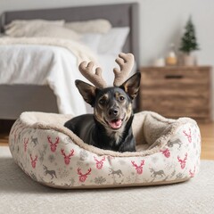 A charming dog dons reindeer antlers, lounging comfortably in a cozy holiday-themed bed, bringing a touch of festive cheer to the scene. 