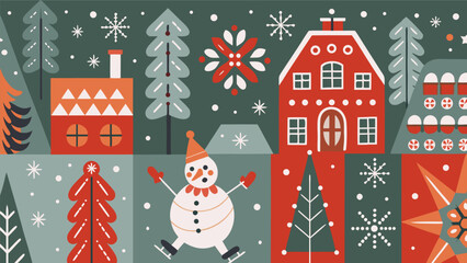 Cheerful winter holiday pattern showcasing a whimsical village scene with snow and festive decorations