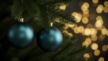 Two teal ornaments hang on a christmas tree with soft golden bokeh lights