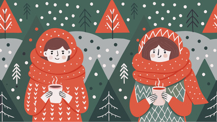 Cozy winter scene with friends enjoying warm drinks in a snowy forest, perfect for holiday cheer