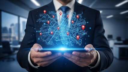 Businessman using location tracking technology and digital city map on smartphone