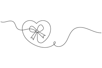 Continuous line drawing of a heart shape with a bow, gift concept
