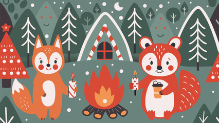 Adorable woodland creatures enjoy cozy campfire night near tent under the moonlit forest sky