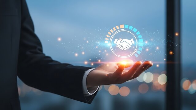 Businessman presenting handshake symbol with digital interface modern business technology - Powered by Adobe