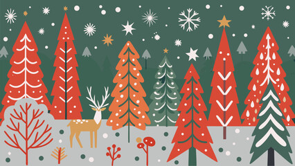 Vibrant modern forest scene with stylized deer and festive Christmas trees under falling snow