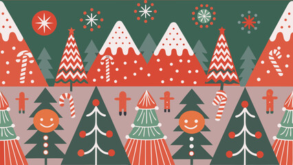 Vibrant modern holiday pattern featuring stylized Christmas trees snow and cheerful gingerbread figures