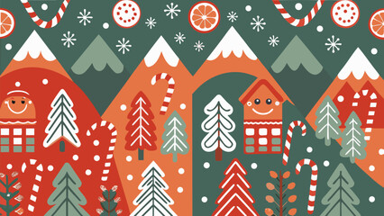 Charming winter scene featuring smiling gingerbread houses, snowy mountains, and festive candy canes