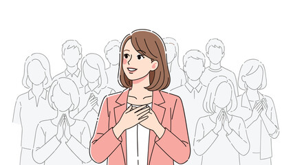 Confident businesswoman receives applause and gratitude from diverse team members in a supportive work environment