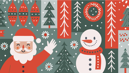 Cheerful Santa and friendly snowman wave hello in a vibrant modern winter holiday scene