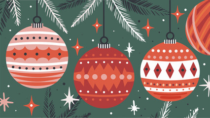 Vibrant modern Christmas ornaments hang among festive pine branches creating a cheerful holiday banner