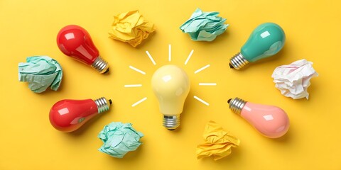 Creative idea concept lightbulbs innovation brainstorming imagination design inspiration business creativity symbol yellow background