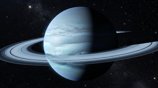 Icy Blue Gas Giant Planet with Majestic Rings in Deep Starry Space
