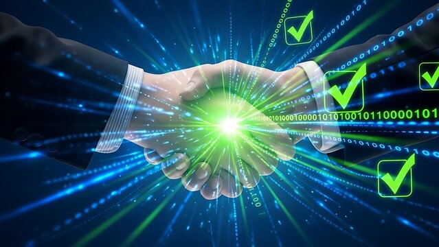 Digital business handshake with binary code and check mark symbols