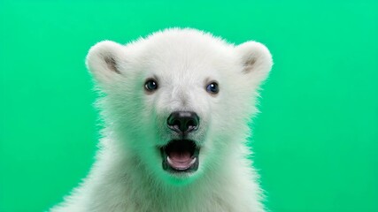 Adorable polar bear cub with its mouth open a close-up shot on a green background for wildlife and conservation - Powered by Adobe
