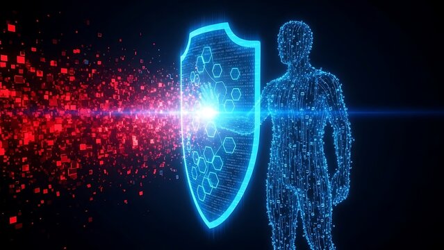 Digital shield protects human body from data threat and cyber attack - Powered by Adobe