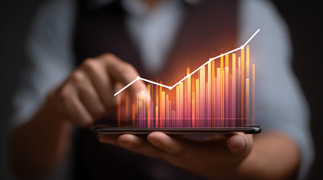 Person holding phone displaying glowing bar graph with upward trend line image