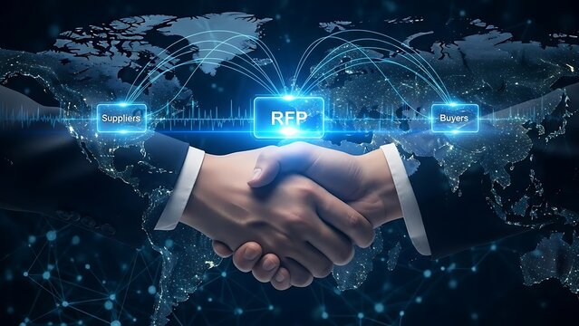 Global business handshake for RFP procurement connecting suppliers and buyers - Powered by Adobe