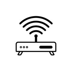 Line icon of a wireless router with signal waves, symbolizing Wi-Fi connection, internet, network, and technology.