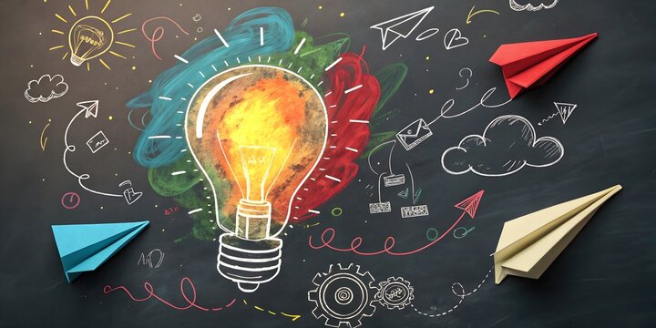 Colorful creative idea lightbulb illustration with paper planes, innovation concept art, brainstorming sketch design for imagination projects