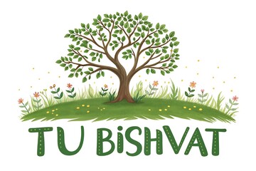 Tu Bishvat Greeting: Lush Tree On Green Hill With Flowers, Meadow, And Sunny Stars

