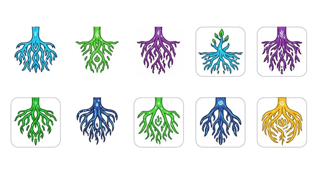 Collection of Colorful Tree Root Icons Representing Growth and Interconnectivity