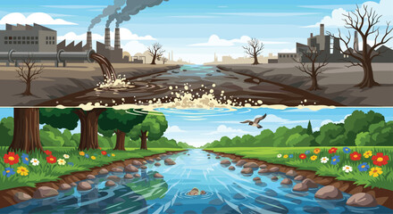 Stark contrast shows devastating industrial pollution versus vibrant restored nature and clean flowing water