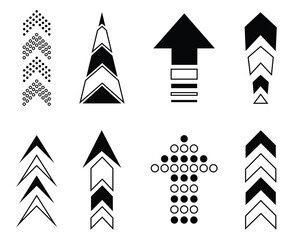 Swipe up arrow icon set on white background. Black arrow in various styles. Swipe up arrow button  elements. Different black arrows sign upwards. Vector illustration.