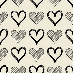Seamless pattern of sketchy heart shapes in black outline and hatching fill on a light textured background