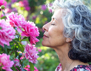 Profile of a woman smelling pink flowers