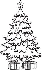 Obraz premium Decorated Christmas tree with star, ornaments, and gift boxes in black line art for holiday themes