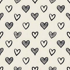 Seamless pattern of sketched heart shapes in various sizes and shading on a light textured background
