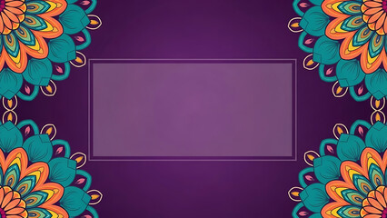 Vibrant mandala corners frame a purple background with a central rectangular space