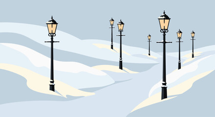 Eerie vintage street lamps glowing warmly amidst deep, undulating winter snowdrifts on a cold day
