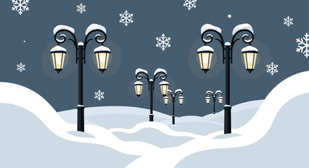 Charming winter night scene with glowing street lamps illuminating heavy snowdrifts and falling snowflakes