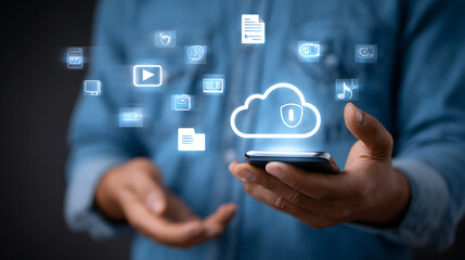 Person holding smartphone with digital cloud and data icons image