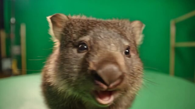 Close-up of a cute wombat showing its nose and mouth with a green screen background in the studio