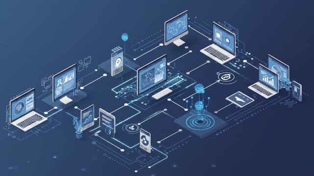 Isometric illustration of interconnected digital devices with data streams and data visualization on screens