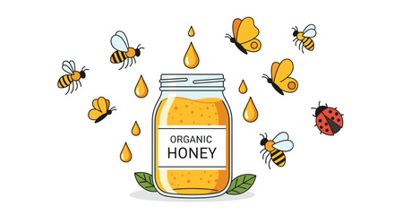 Charming organic honey jar surrounded by cheerful bees butterflies and ladybug drops falling